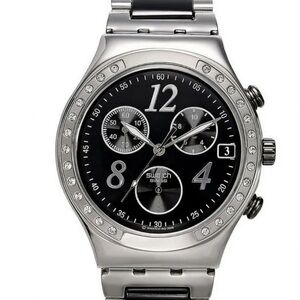 Swatch Swiss Chronograph Date Silver Mens Watch with crystal bezel